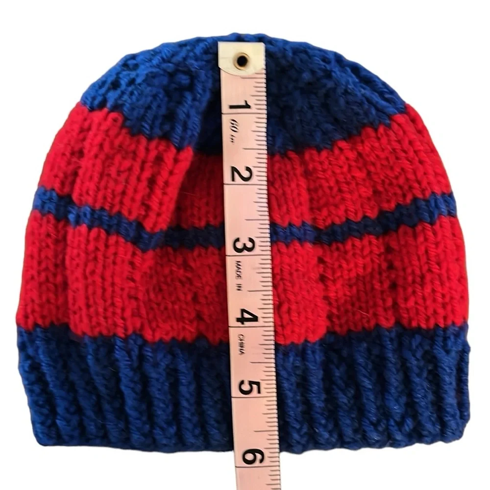 NEW Hand Knit Red Blue Baby Beanie sz 3-6 mos Cubs Bills